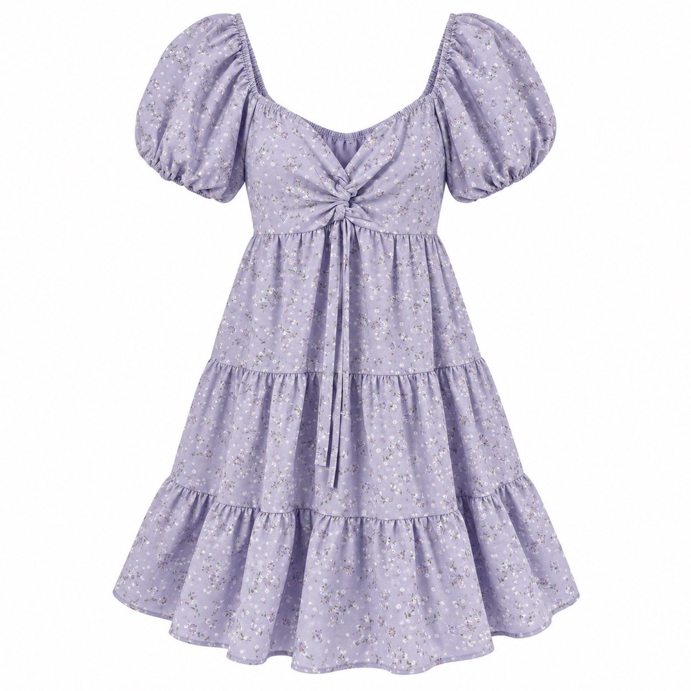 Altar'd State Floral Puff Sleeve Tiered‎ Mini Dress Lavender Purple Small